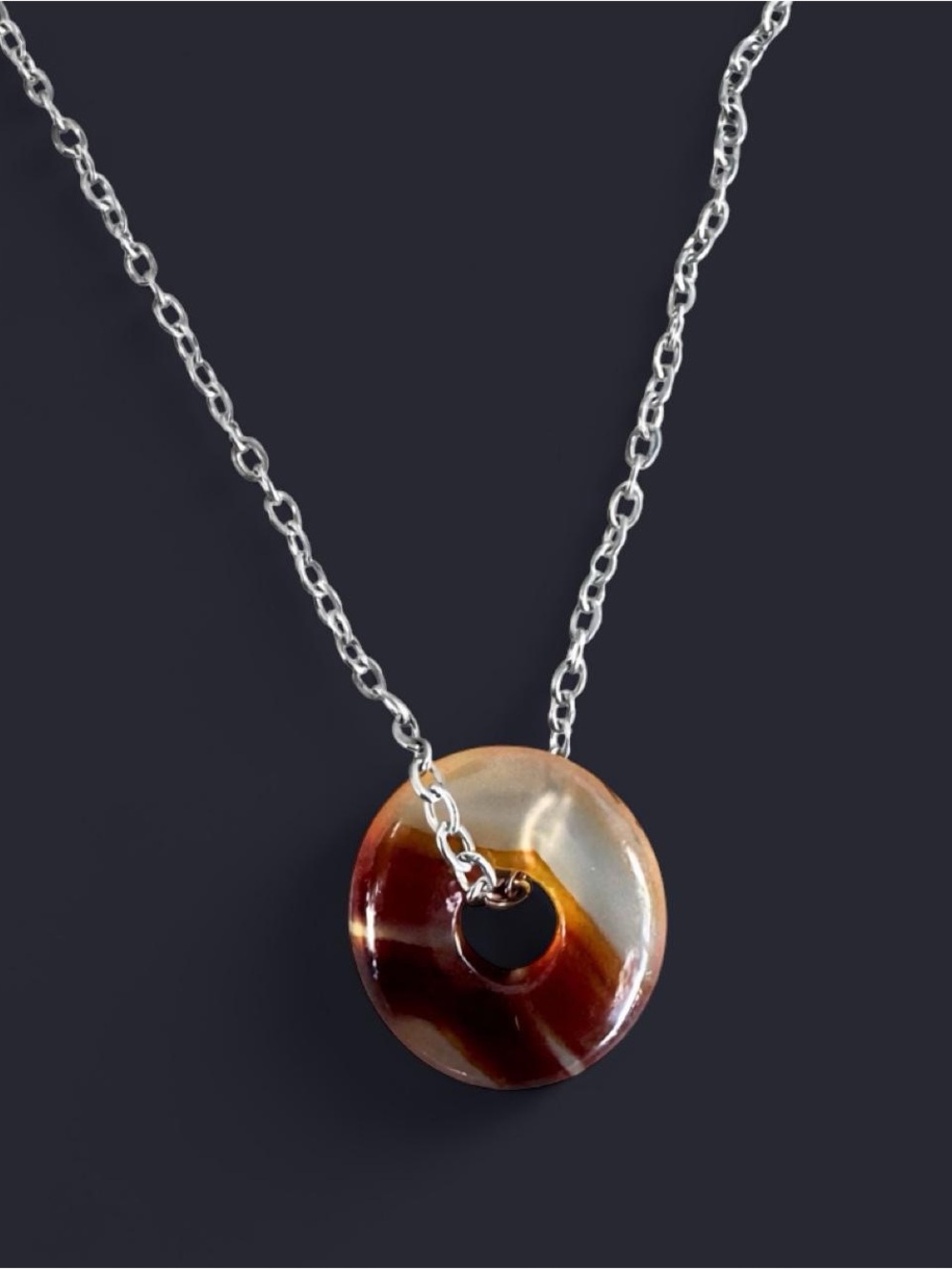 Red Striped Agate Donut Pendant Silver Necklace